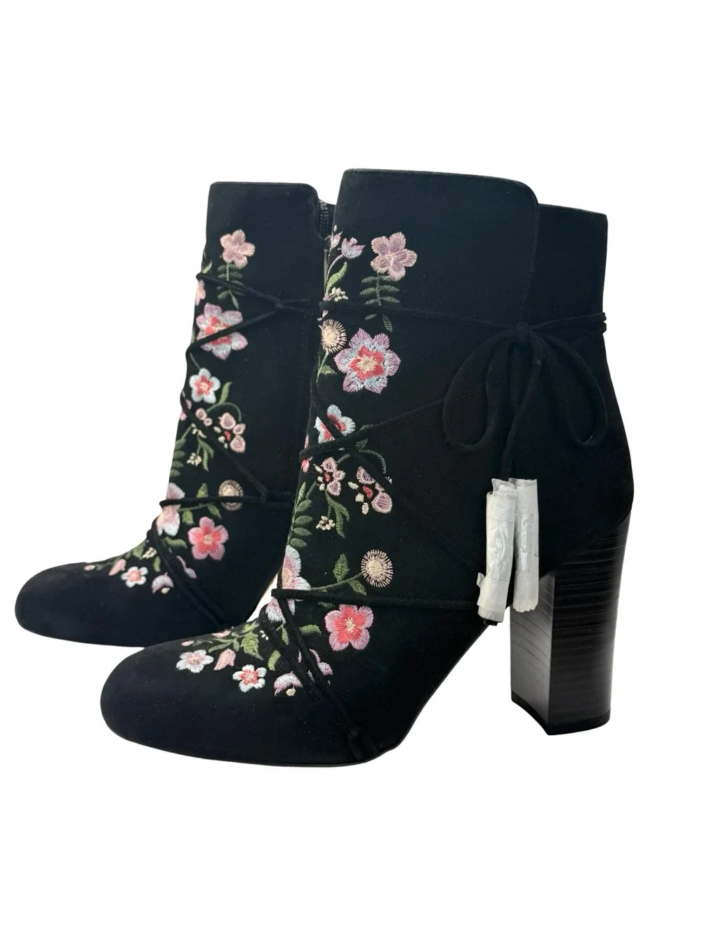 Sam Edelman Floral Embroidered Suede Lace-Up Block Heel Ankle Boots